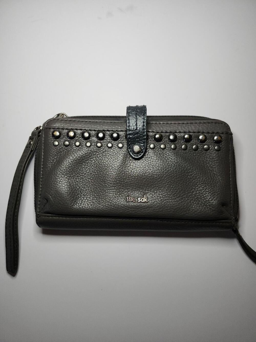 The Sak Studded Zip Wallet Wristlet Charcoal Grey Leather